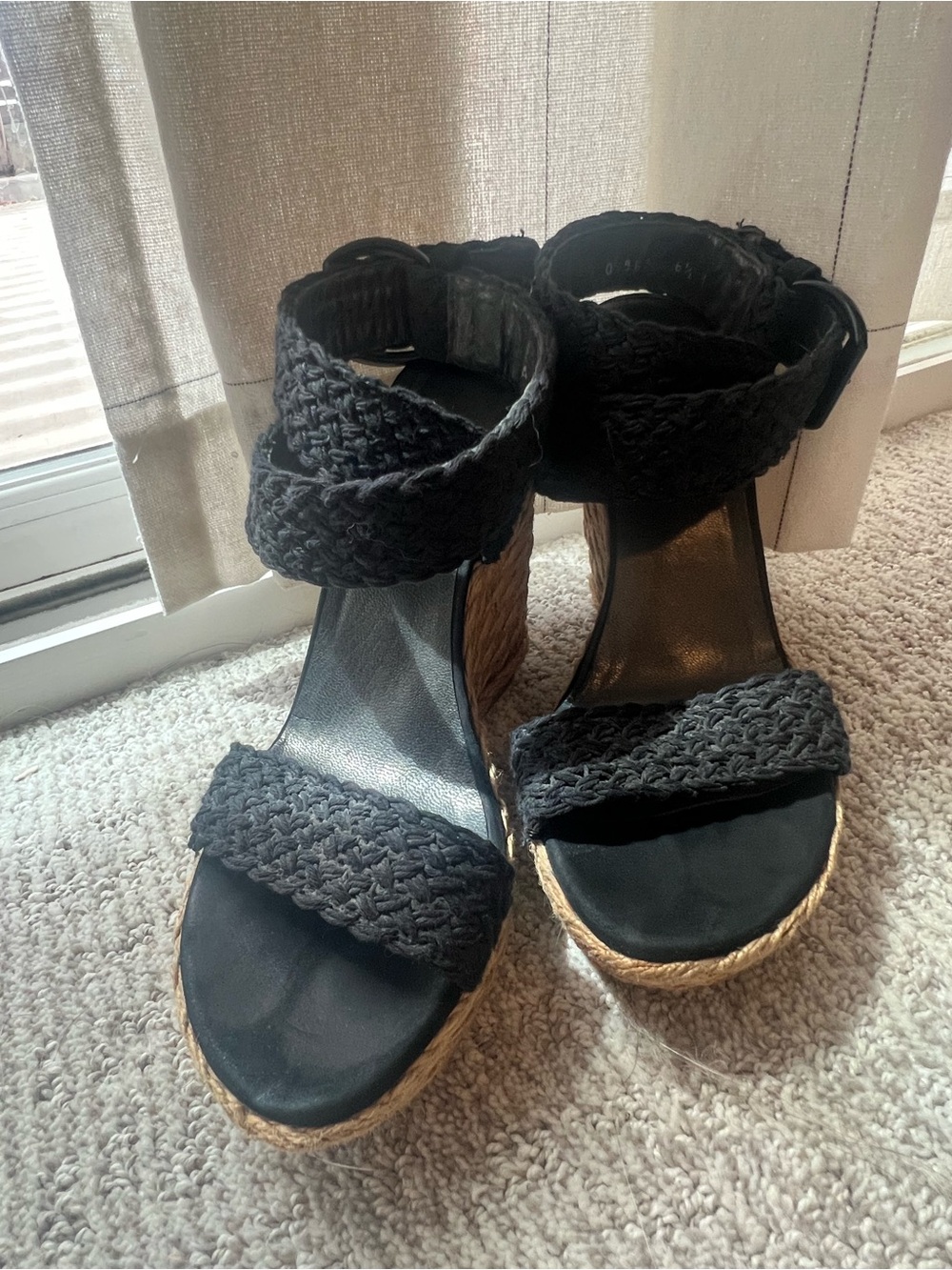 Stuart Weitzman Black Woven Ankle-Strap Espadrille Wedges